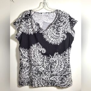 Liz Claiborne black and white swirl top women's L  #2189